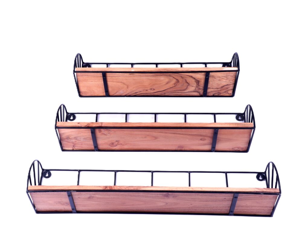 Indian Artisan Made Fairtrade Set Of 3 Acacia Wood And Iron Graduating Wall Shelves - Image 2