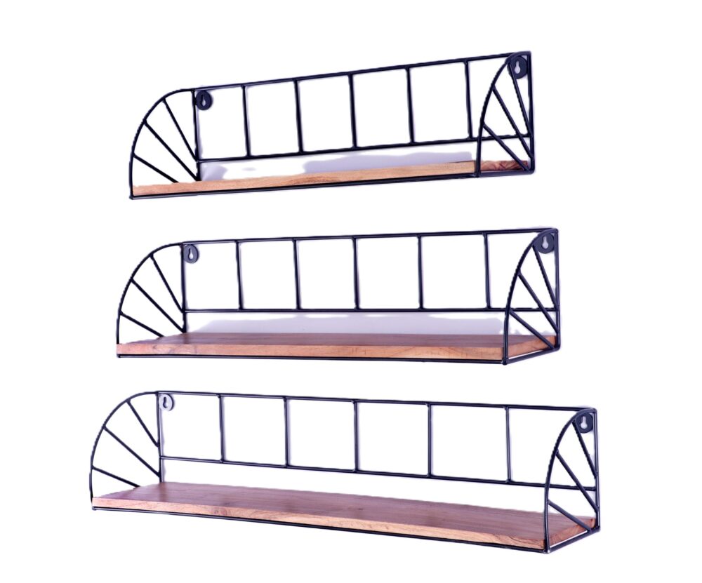Indian Artisan Made Fairtrade Set Of 3 Acacia Wood And Iron Graduating Wall Shelves - Image 3