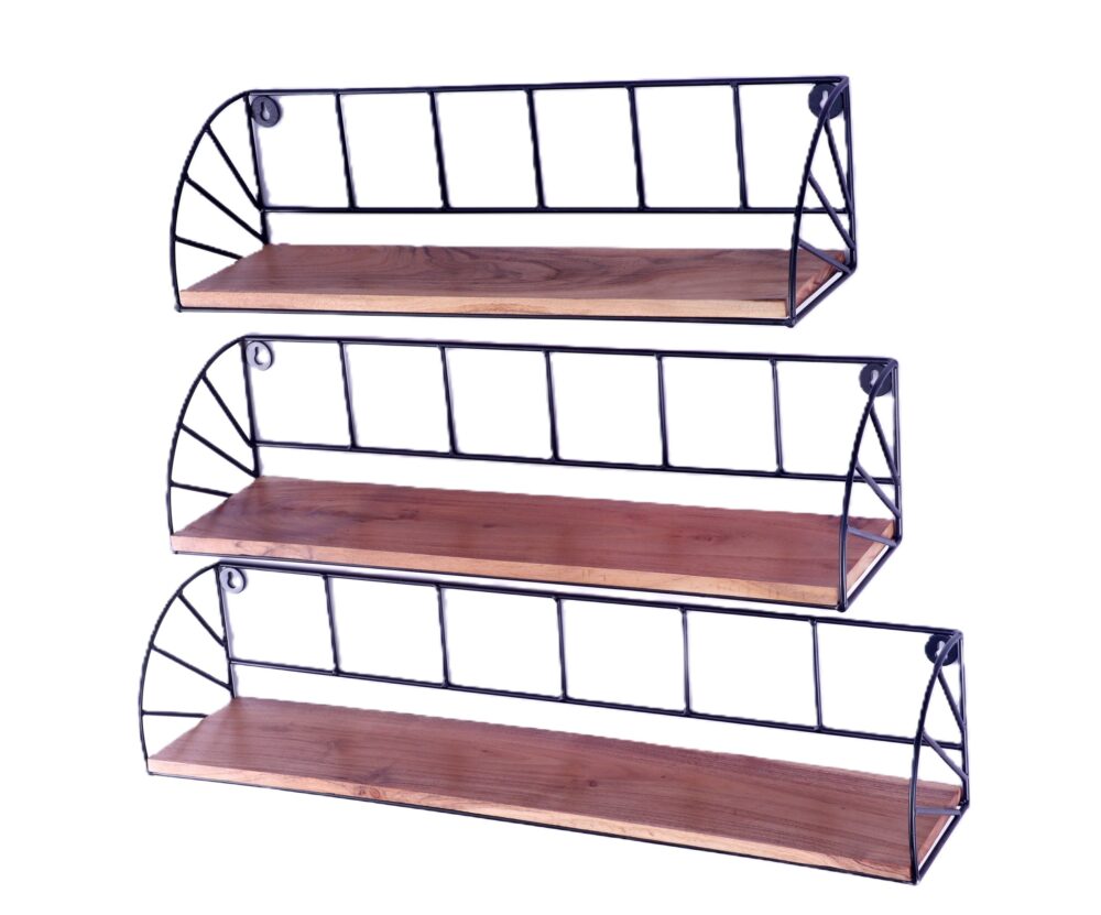 Indian Artisan Made Fairtrade Set Of 3 Acacia Wood And Iron Graduating Wall Shelves