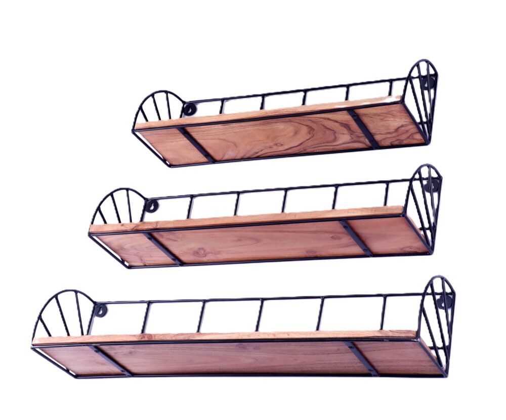 Indian Artisan Made Fairtrade Set Of 3 Acacia Wood And Iron Graduating Wall Shelves - Image 4