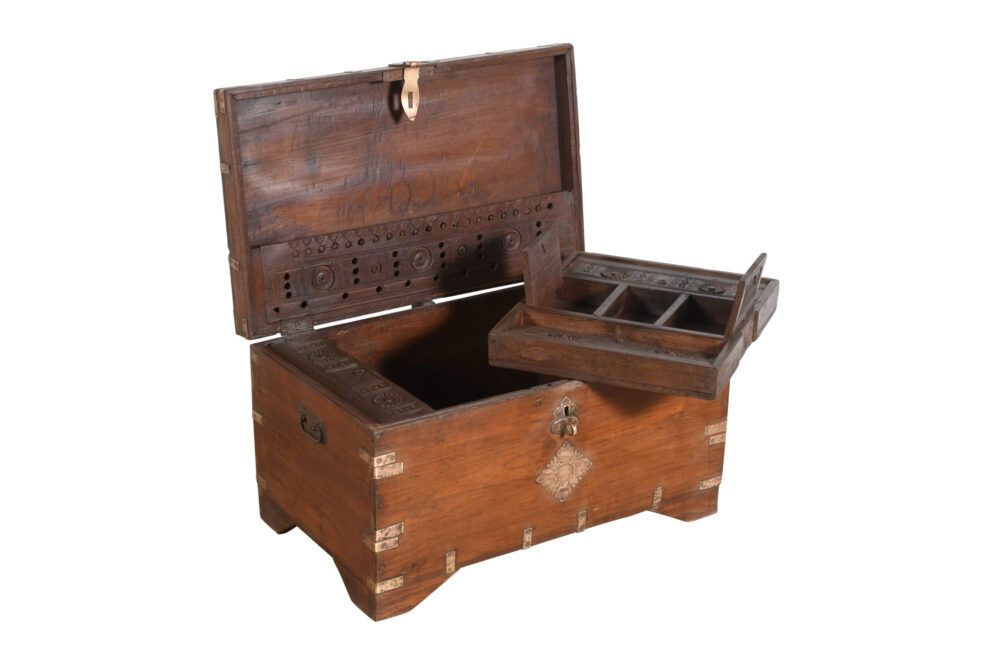 Antique Indian Teak Wood And Brass Bound Pitara Chest
