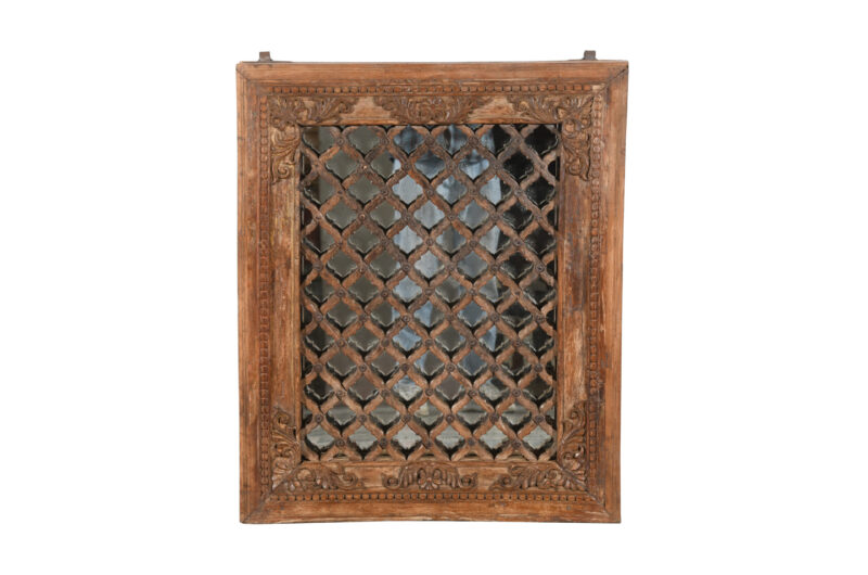 Antique Indian Teak Wood Jali Window Mirror - Image 4