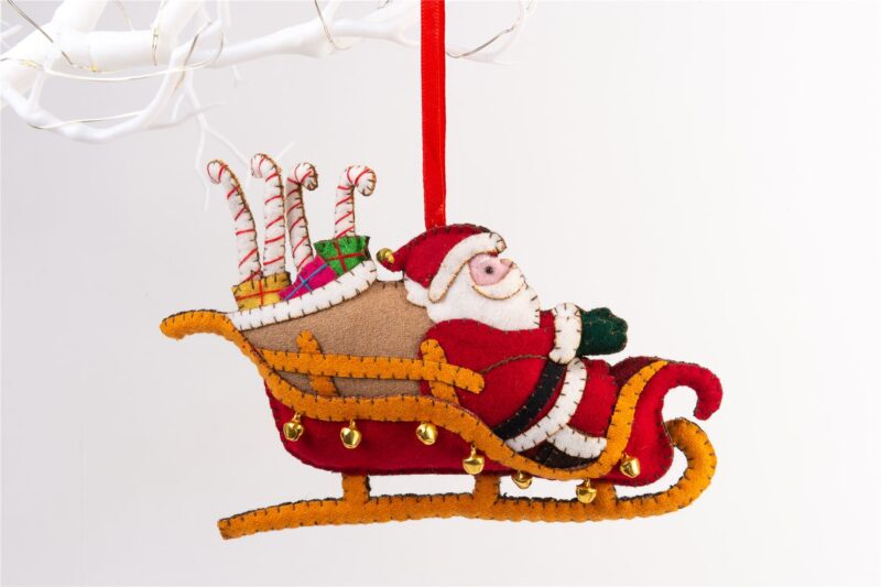 Handmade Felt Santa In His Sleigh Christmas Tree Hanging Decoration - 11.5 cm