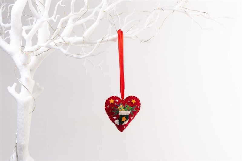 Handmade Felt Stocking Heart Christmas Hanging Tree Decoration - 6.5 cm - Image 2