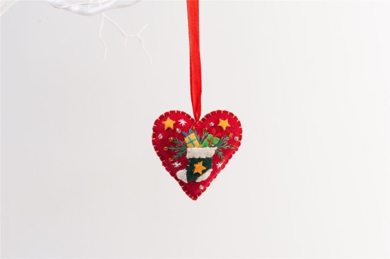 Handmade Felt Stocking Heart Christmas Hanging Tree Decoration - 6.5 cm