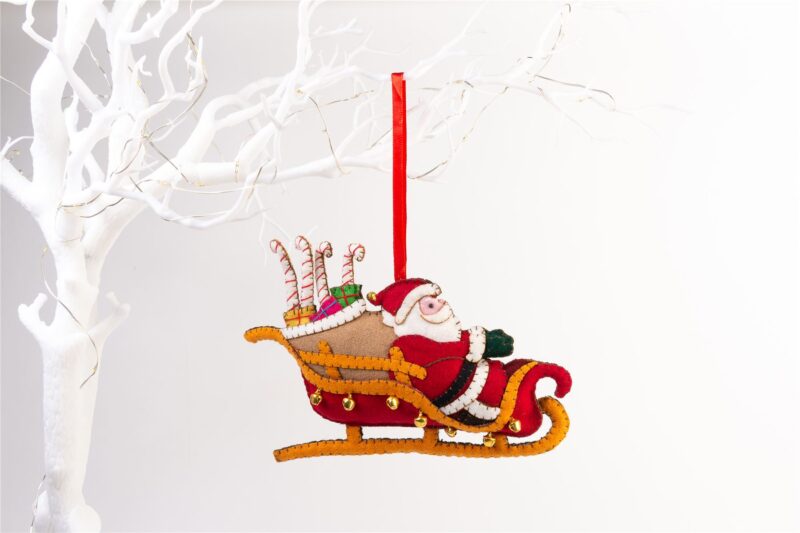 Handmade Felt Santa In His Sleigh Christmas Tree Hanging Decoration - 11.5 cm - Image 2