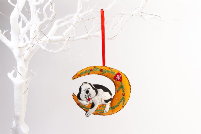 Handmade Felt Dog Asleep On The Moon Christmas Tree Hanging Decoration - 11.5 cm - Image 2