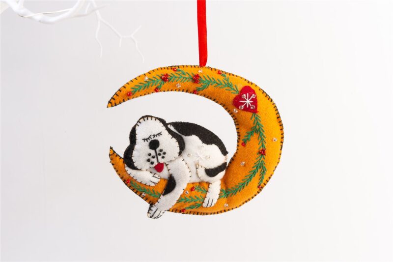 Handmade Felt Dog Asleep On The Moon Christmas Tree Hanging Decoration - 11.5 cm