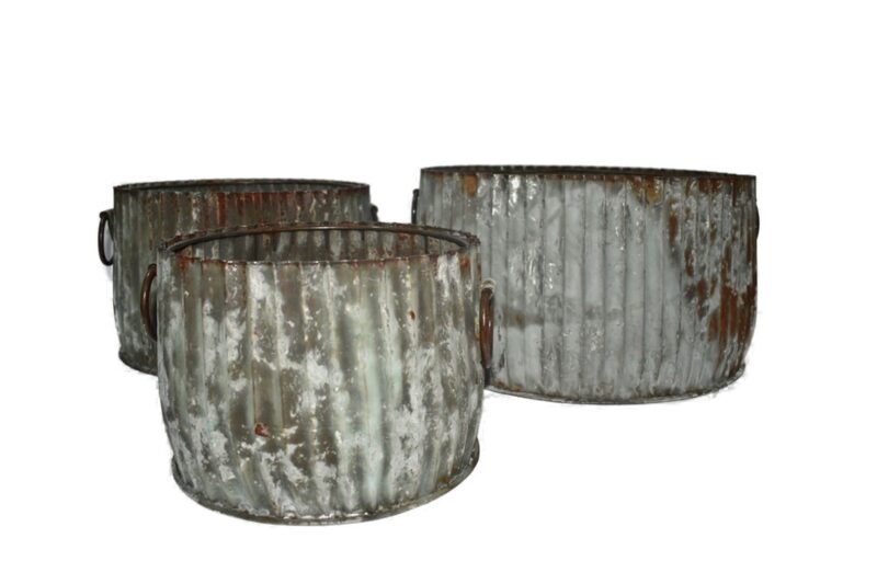 Large Antique Style Rustic Ribbed Deep Barrel Shaped Steel Planter Set - Set Of 3 - Image 5