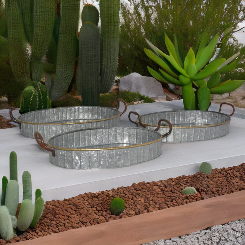 Antique Style Galvanized Planter Set Of Succulent And Cacti Trays With Copper Handles - Set Of 3