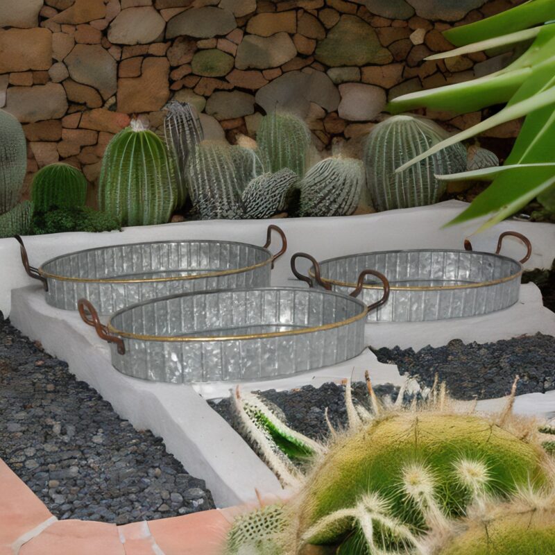 Antique Style Galvanized Planter Set Of Succulent And Cacti Trays With Copper Handles - Set Of 3 - Image 3