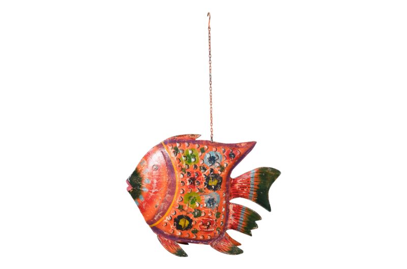 Hanging Indian Reclaimed Iron Painted Fish Tea Light Candle Holder