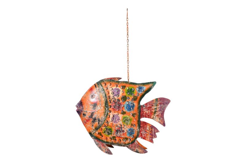 Hanging Indian Reclaimed Iron Painted Fish Tea Light Candle Holder