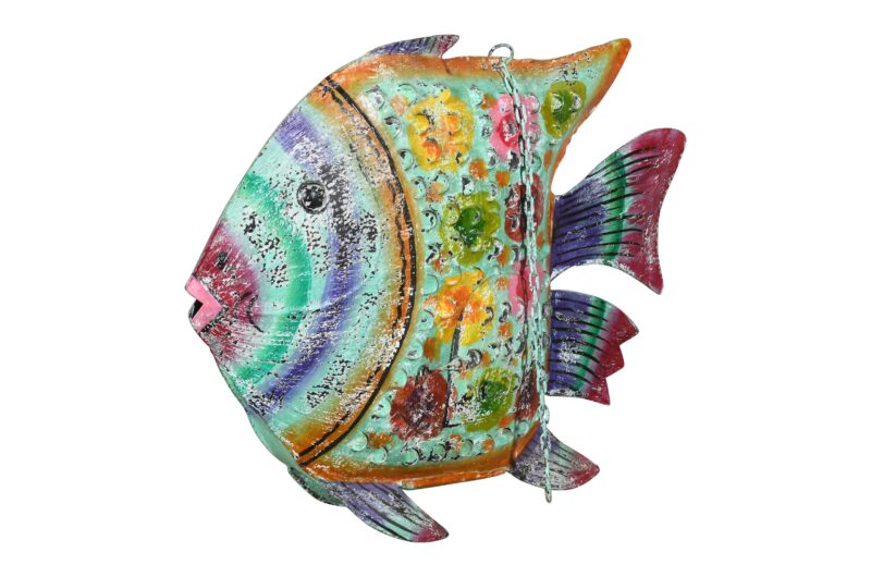 Hanging Indian Reclaimed Iron Painted Fish Tea Light Candle Holder - Image 3