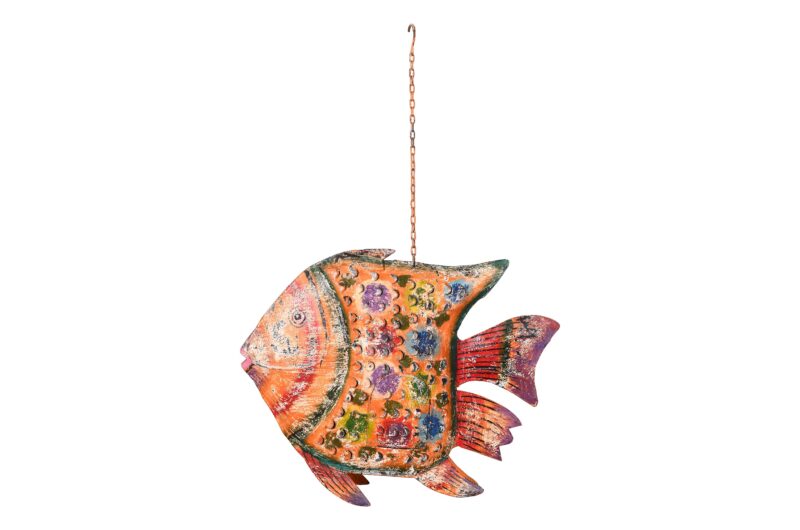 Hanging Indian Reclaimed Iron Painted Fish Tea Light Candle Holder