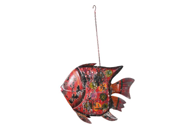 Hanging Indian Reclaimed Iron Painted Fish Tea Light Candle Holder