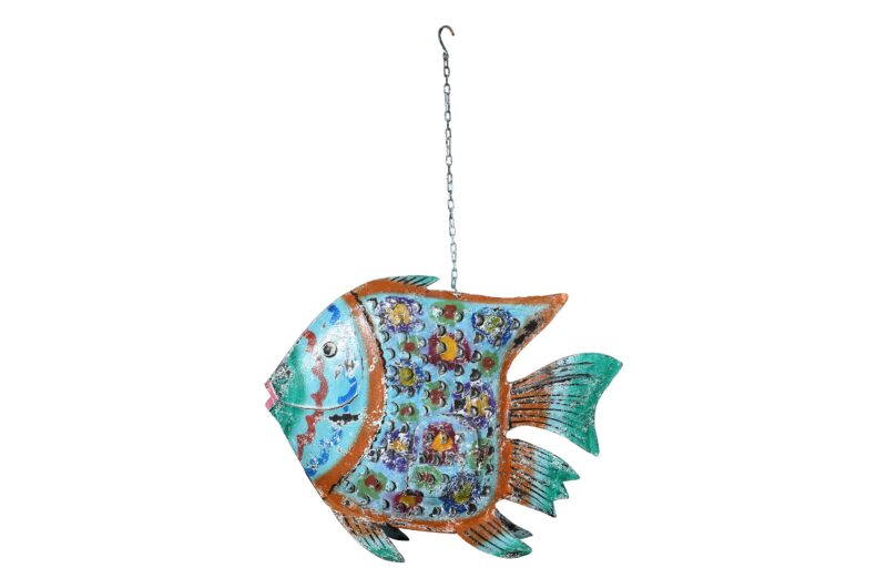 Hanging Indian Reclaimed Iron Painted Fish Tea Light Candle Holder