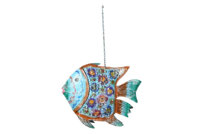 Hanging Indian Reclaimed Iron Painted Fish Tea Light Candle Holder