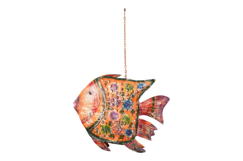 Hanging Indian Reclaimed Iron Painted Fish Tea Light Candle Holder