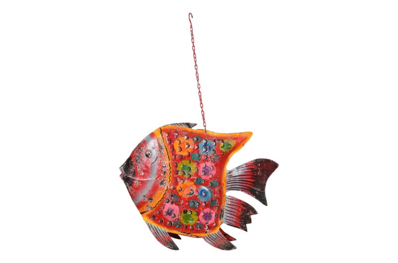 Hanging Indian Reclaimed Iron Painted Fish Tea Light Candle Holder