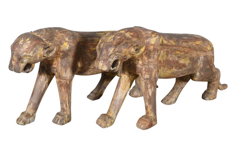 Antique Pair Of Large Doorway Leopards. Indian Teak Wood Painted - Image 7