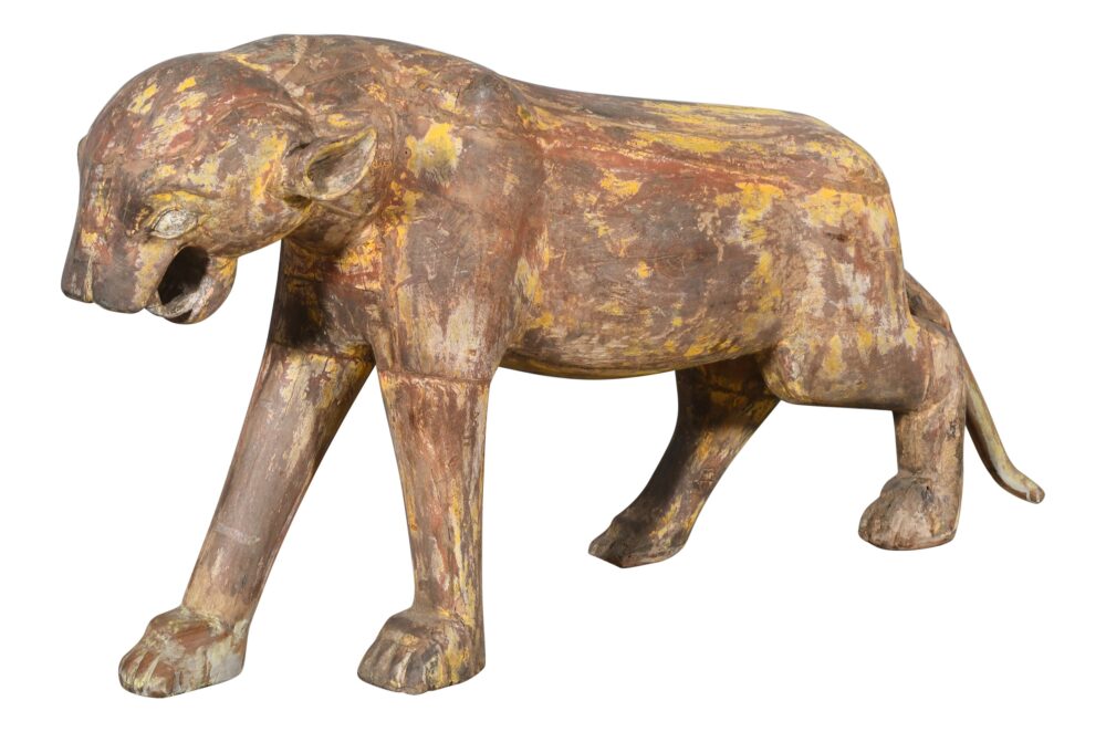Antique Pair Of Large Doorway Leopards. Indian Teak Wood Painted - Image 4