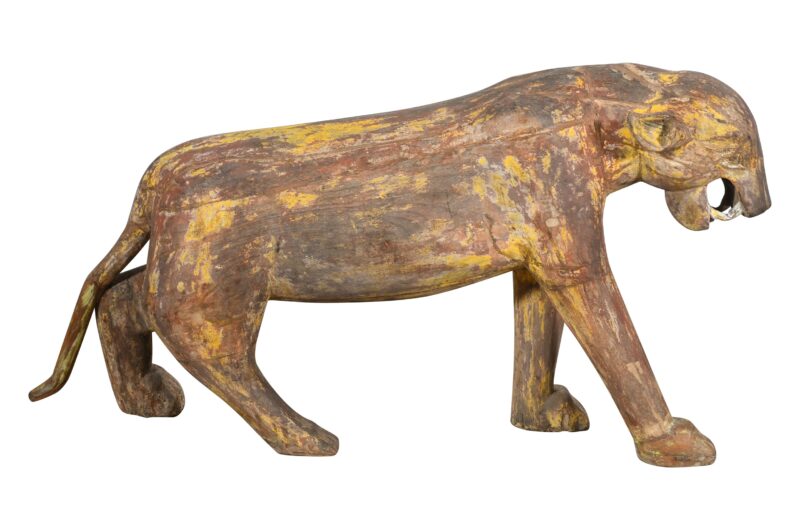 Antique Pair Of Large Doorway Leopards. Indian Teak Wood Painted - Image 3