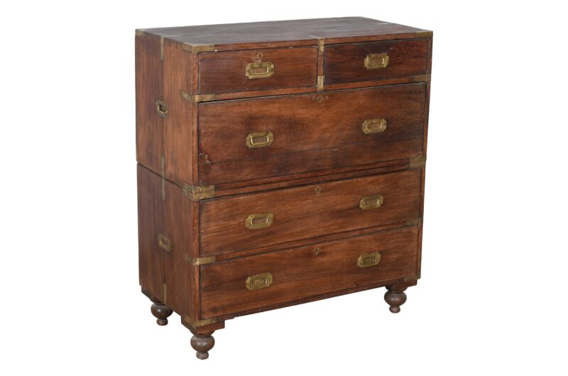 Antique Indian Teak Wood Chest On Chest Campaign Furniture Chest Of Drawers - Image 4