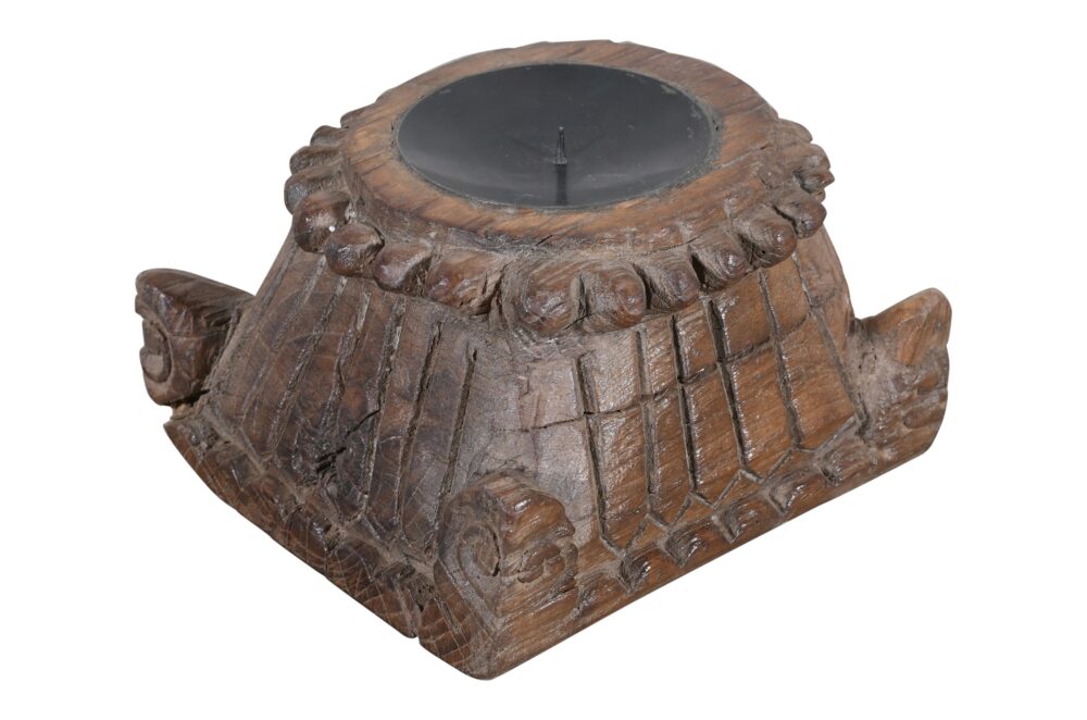 Antique Indian Teak Wood Pillar Base Candle Holder