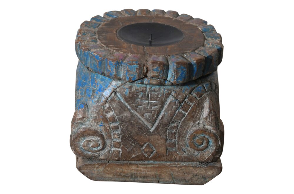 Antique Indian Teak Wood Pillar Base Candle Holder