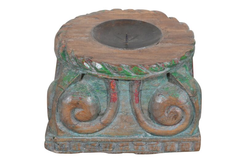 Antique Indian Teak Wood Pillar Base Candle Holder