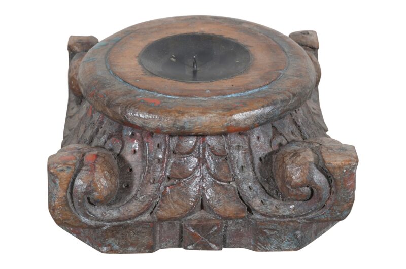 Antique Indian Teak Wood Pillar Base Candle Holder