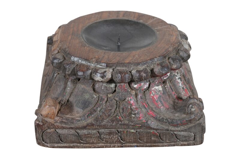 Antique Indian Teak Wood Pillar Base Candle Holder