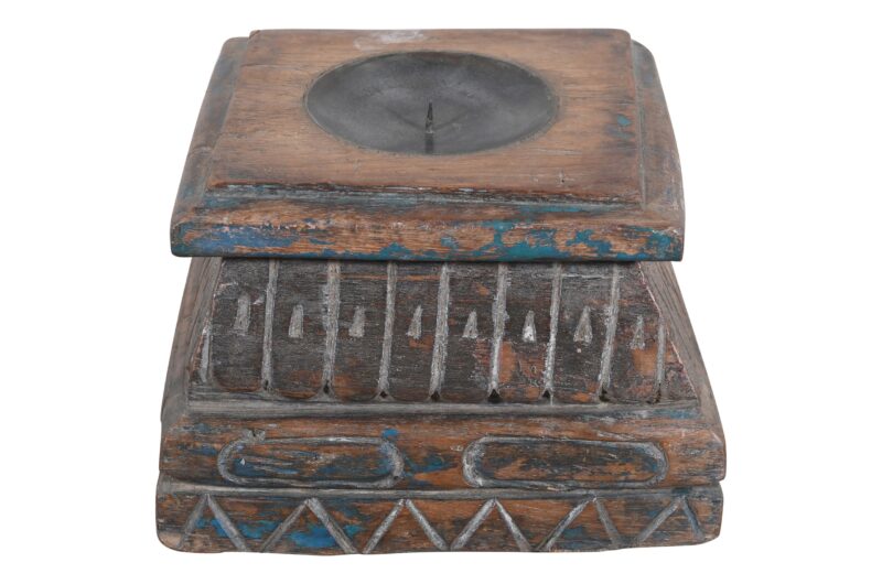 Antique Indian Teak Wood Pillar Base Candle Holder