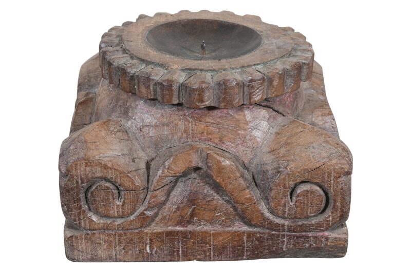 Antique Indian Teak Wood Pillar Base Candle Holder