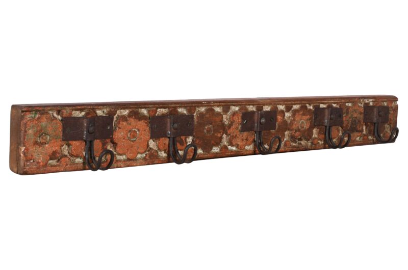 Antique Indian Painted Teak Wood Coat Hook Panel