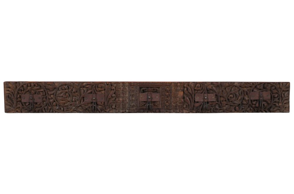 Antique Indian Painted Teak Wood Coat Hook Panel