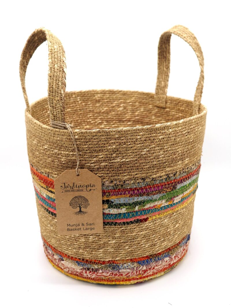 Munja And Reclaimed Fabric Eco Plant Pot Cover With Handles - Large