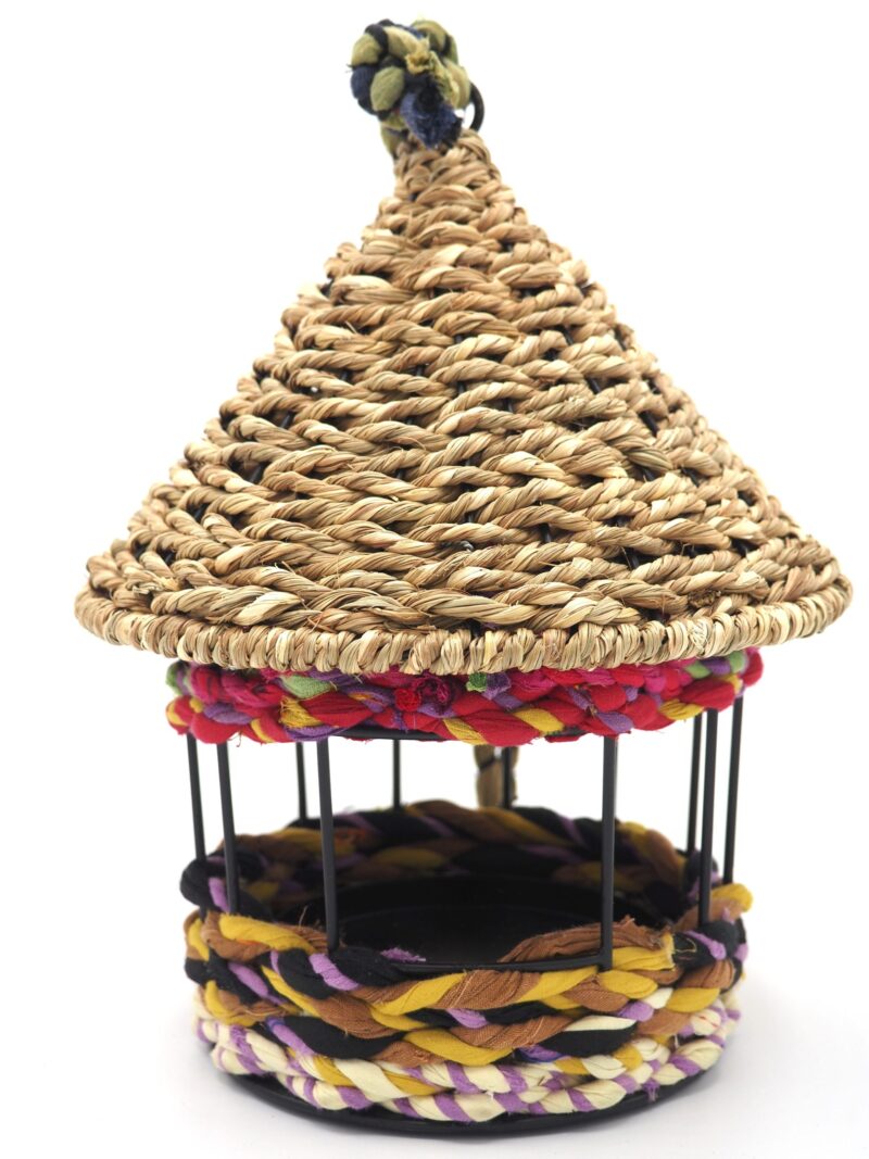 Munja And Reclaimed Fabric Eco Hanging Bird Feeder With Removable Metal Base - Medium