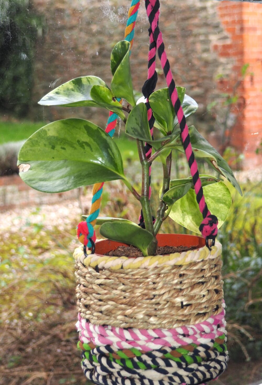 Munja and Reclaimed Fabric Eco Hanging Planter with Removable Metal Liner - Medium - Image 3