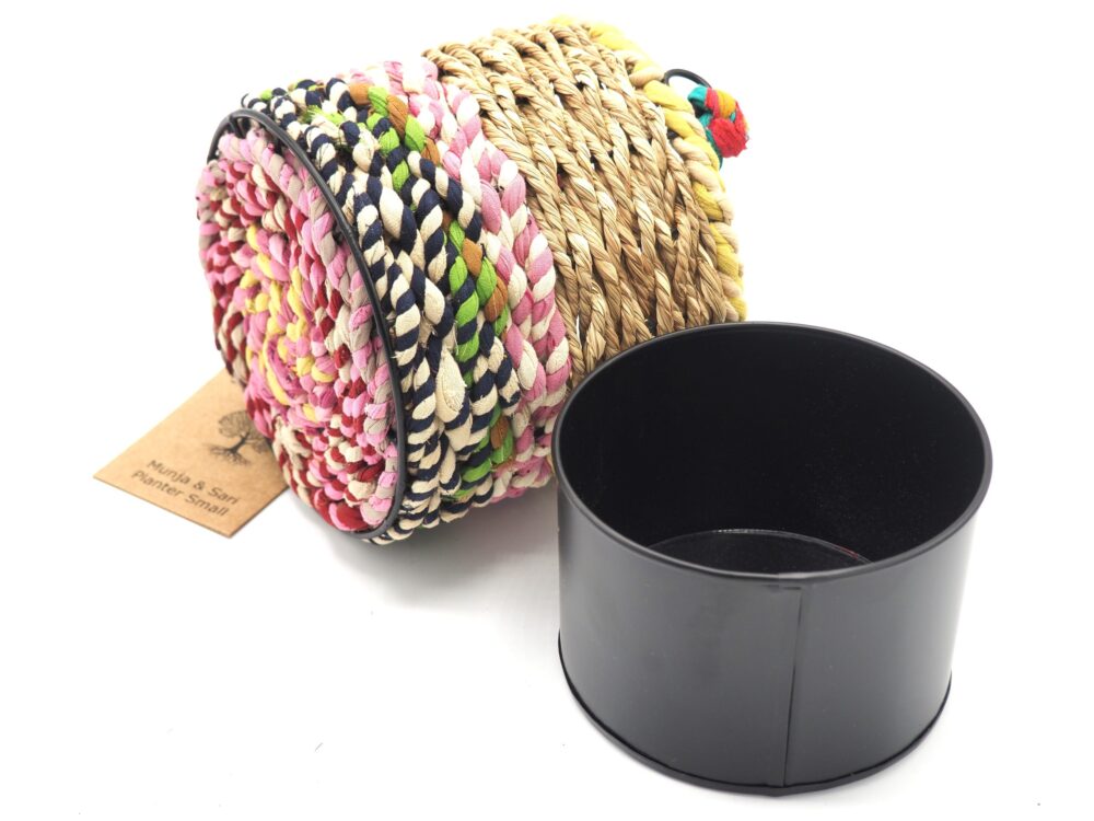 Munja and Reclaimed Fabric Eco Hanging Planter with Removable Metal Liner - Medium - Image 5