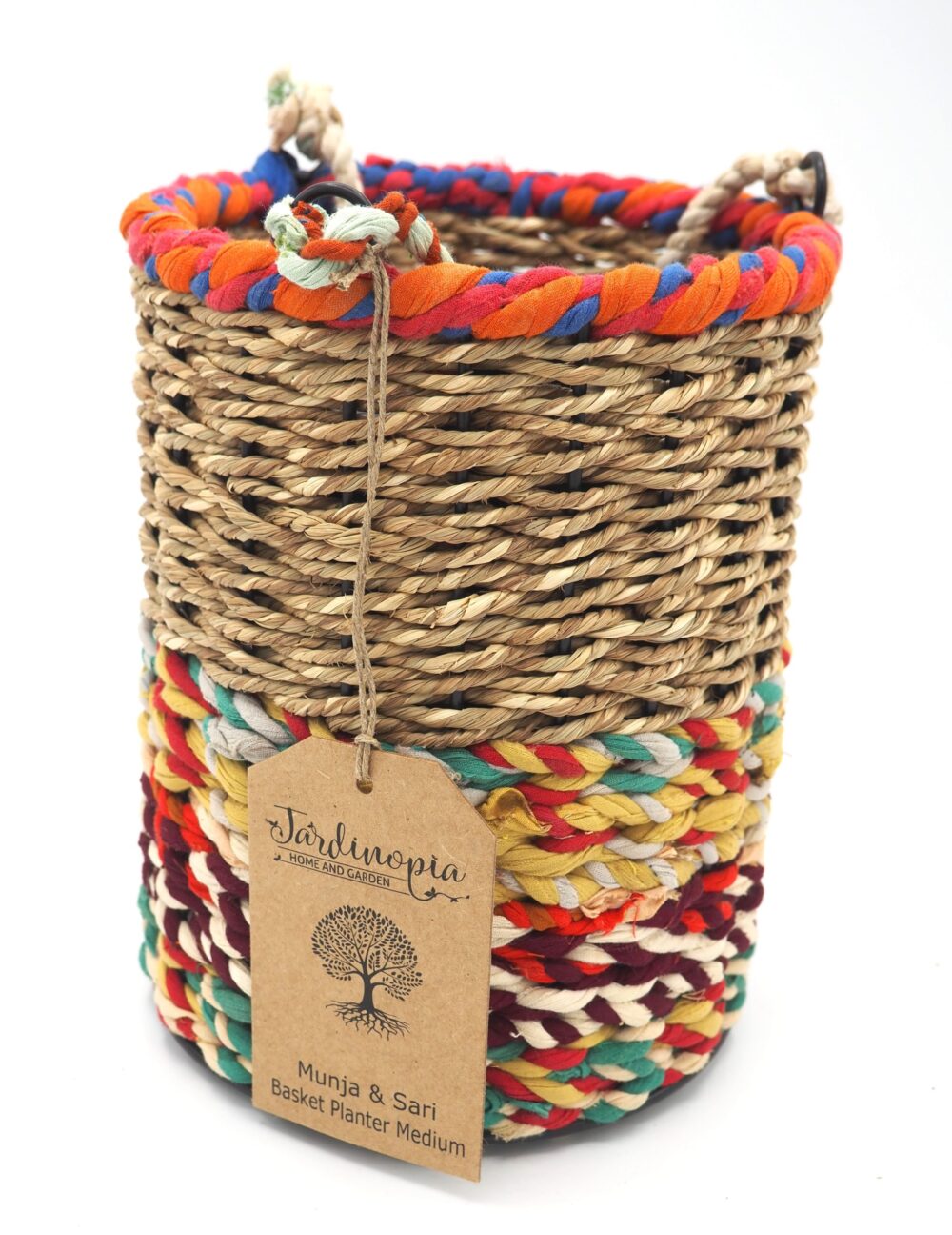 Munja and Reclaimed Fabric Eco Hanging Planter with Removable Metal Liner - Small / Tall - Image 2