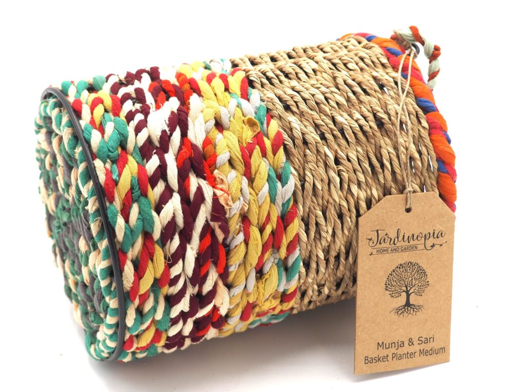 Munja and Reclaimed Fabric Eco Hanging Planter with Removable Metal Liner - Small / Tall - Image 3