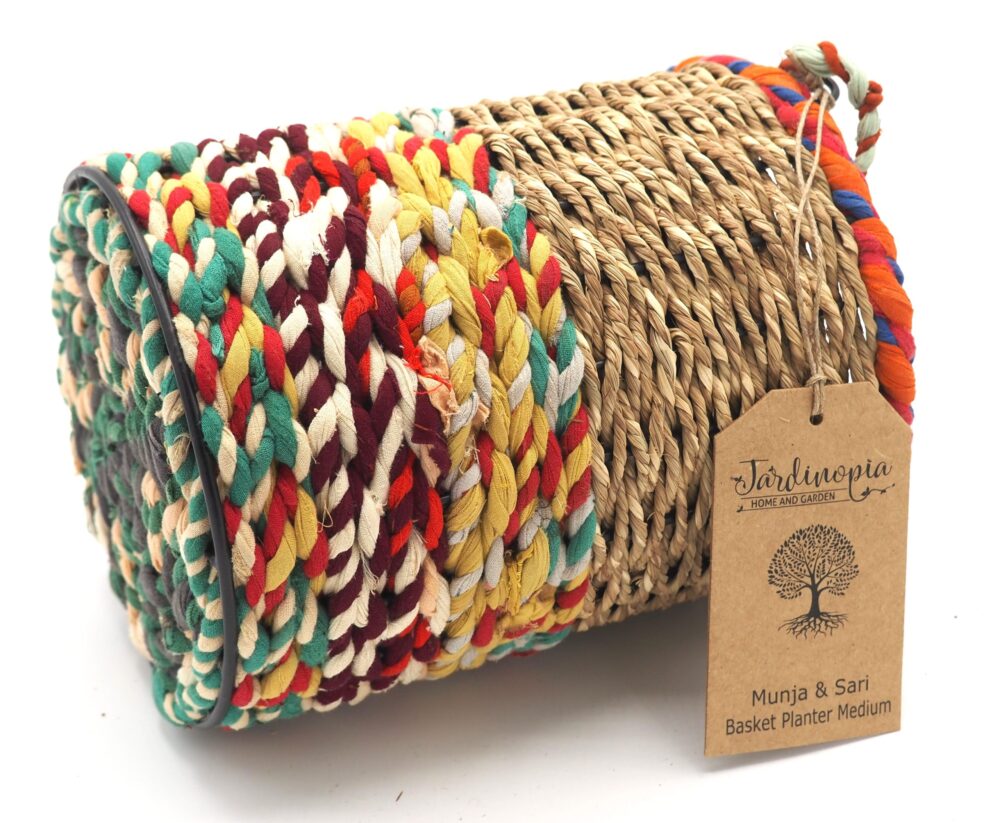 Munja and Reclaimed Fabric Eco Hanging Planter with Removable Metal Liner - Small / Tall - Image 4