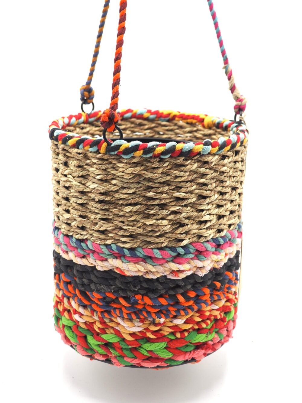 Munja and Reclaimed Fabric Eco Hanging Planter with Removable Metal Liner - Medium / Tall