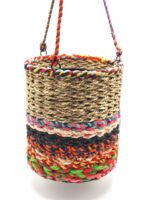 Munja and Reclaimed Fabric Eco Hanging Planter with Removable Metal Liner - Medium / Tall
