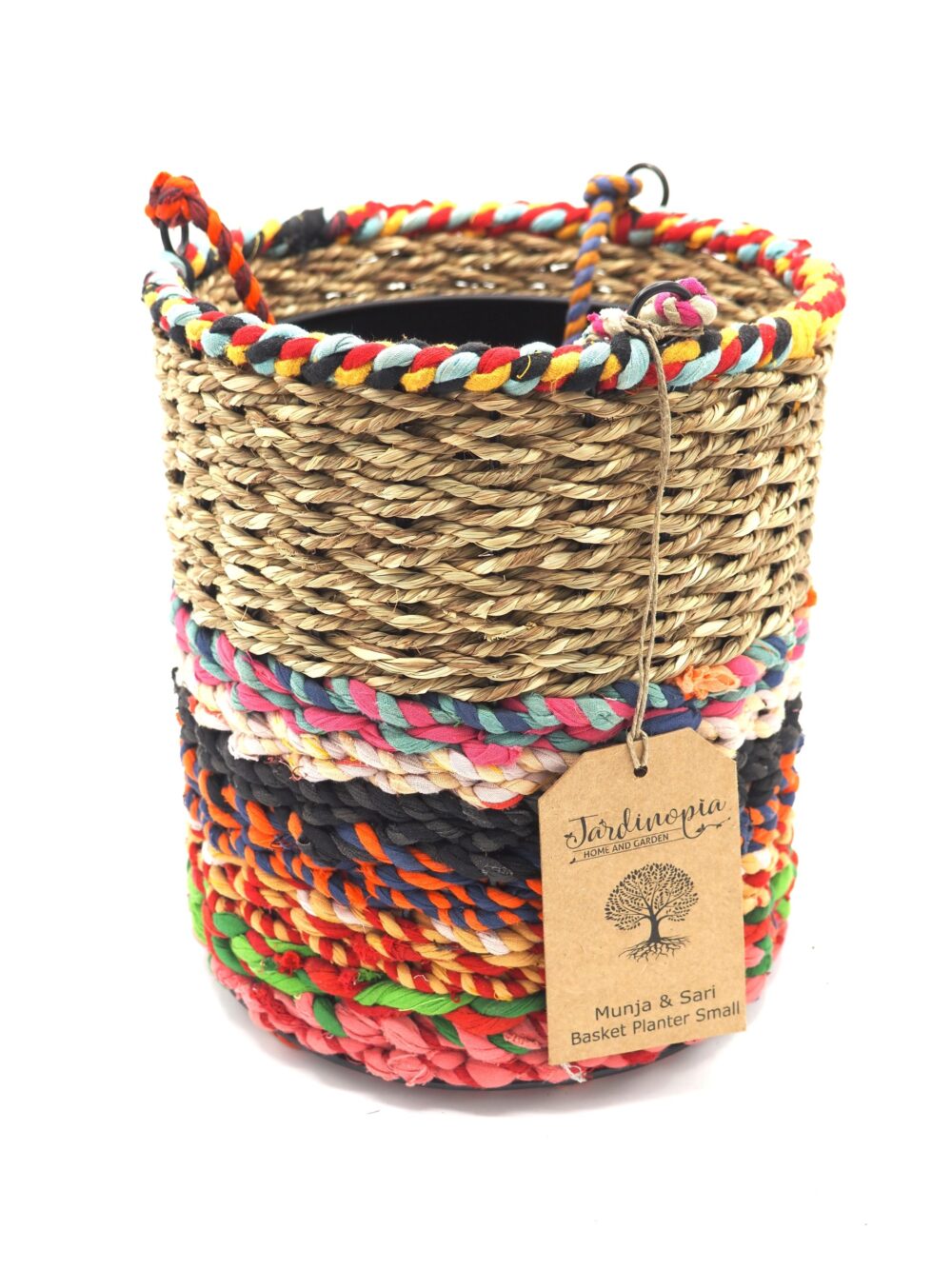 Munja and Reclaimed Fabric Eco Hanging Planter with Removable Metal Liner - Medium / Tall - Image 2