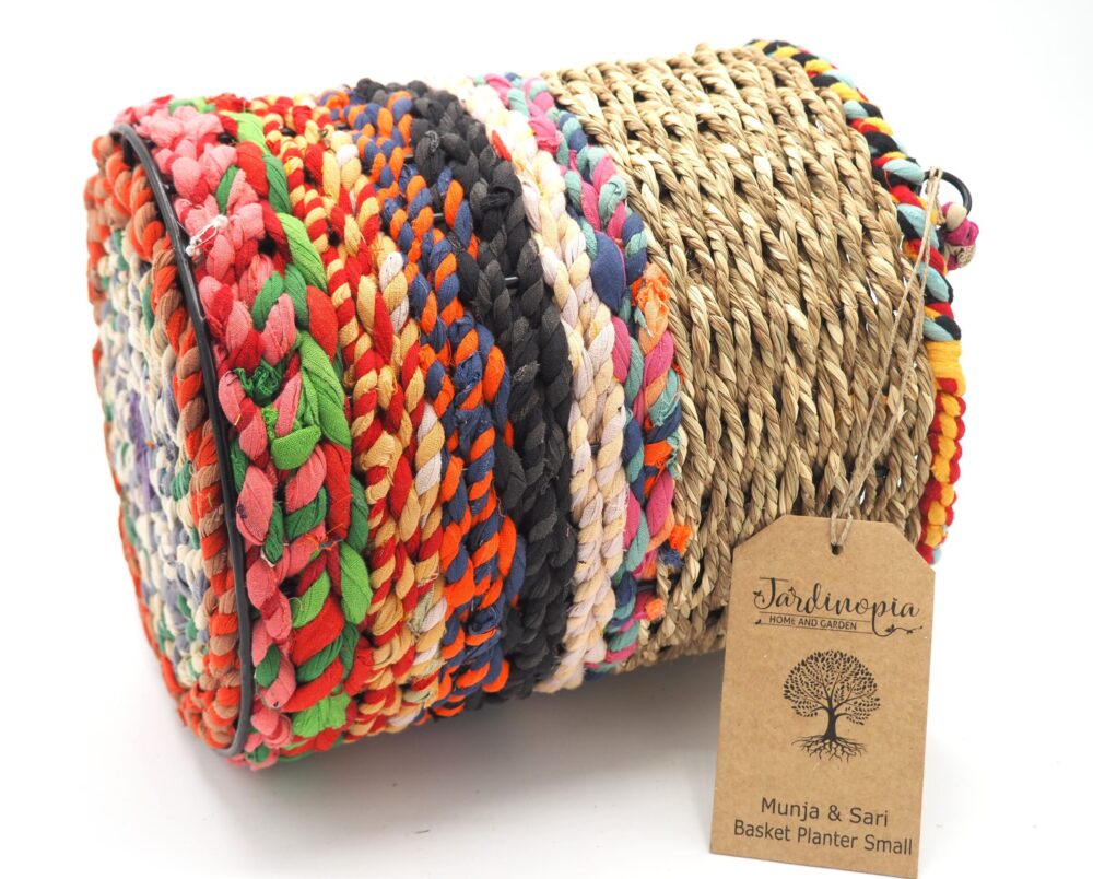 Munja and Reclaimed Fabric Eco Hanging Planter with Removable Metal Liner - Medium / Tall - Image 3