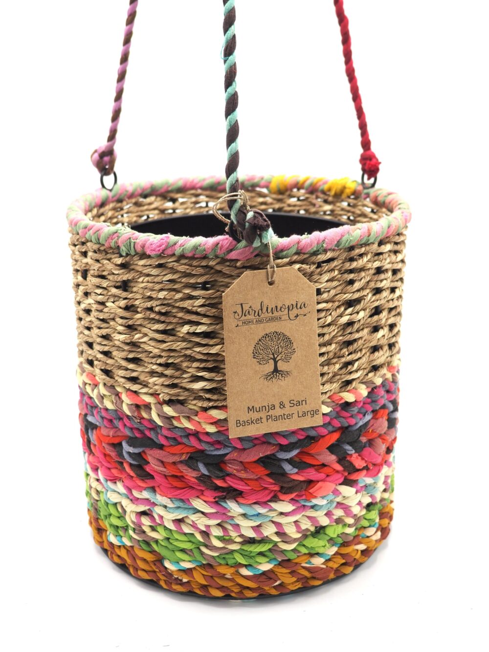 Munja and Reclaimed Fabric Eco Hanging Planter with Removable Metal Liner - Large