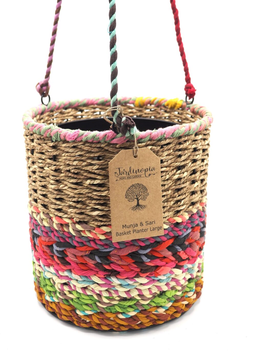 Munja and Reclaimed Fabric Eco Hanging Planter with Removable Metal Liner - Large - Image 3
